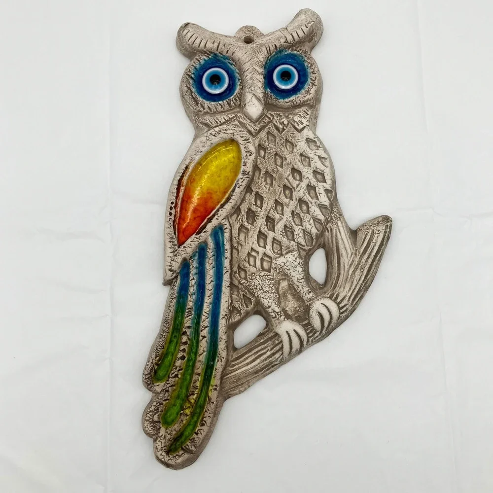 Wall Plaque Ceramic Owl Evil Eye 11.5in Multicolor Boho Decor